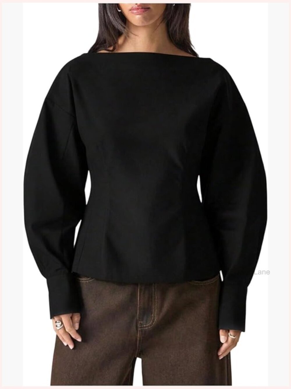 Dressy Casual Blouse Puff Long Sleeve Cinched Waist Boat Neck Tops